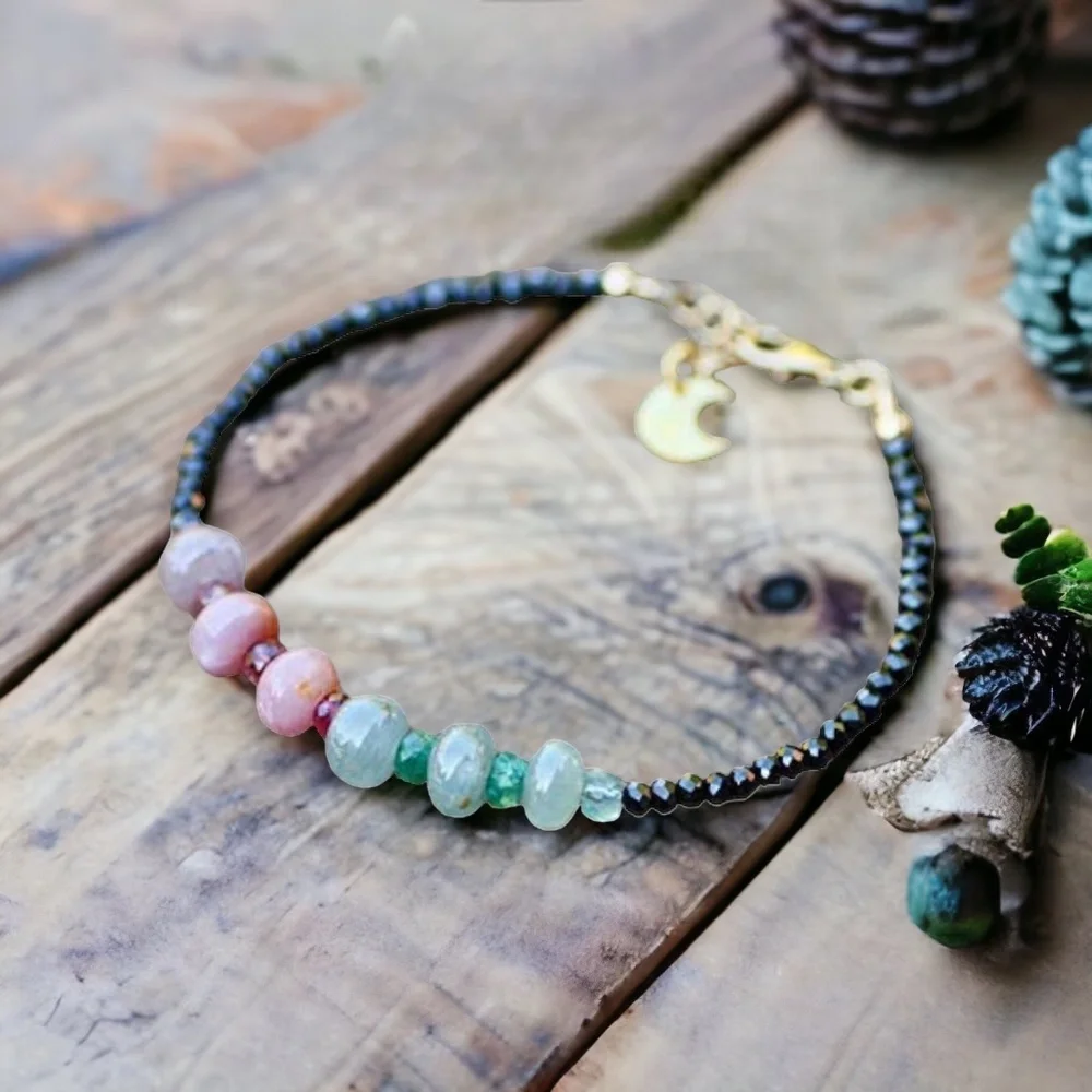 Sparkling Natural Black Spinel , Emerald and Sapphire Bracelet 14K Gold Filled - Picture 2 of 10